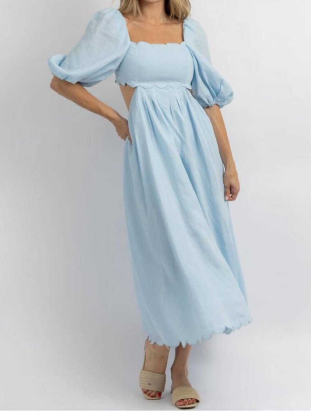 MABLE Scalloped Blue Linen Midi Dress Puff Sleeves Small - Picture 2 of 14
